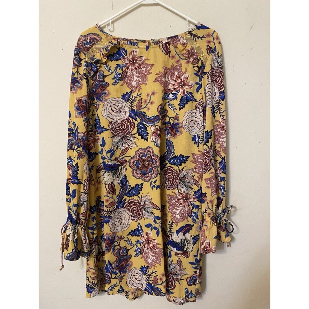 XHILARATION TUNIC DRESS BOHO HIP WORSHIP WORK TRAVEL CASUAL LONG RUFFLE SLEEVE L